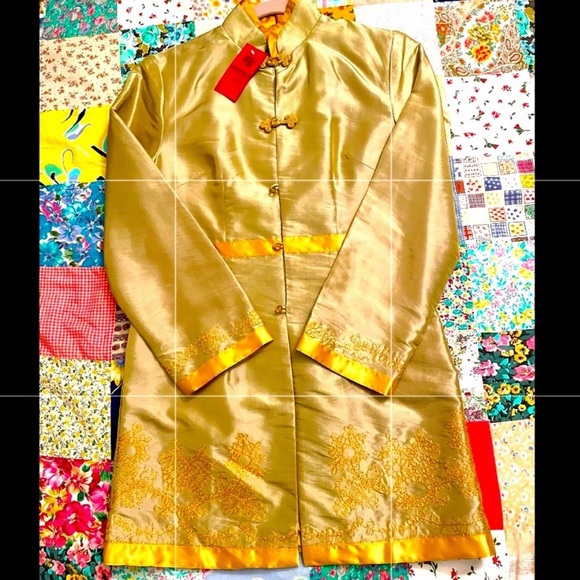 Traditional Chinese Silk Mid Length Coat Fully Lined Gold Color Size M NWT - Picture 12 of 12
